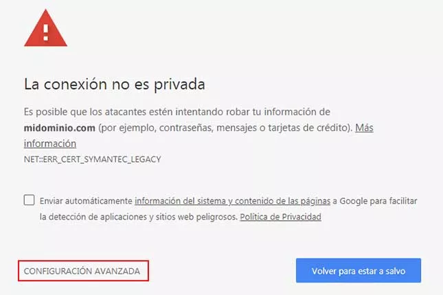Captura de pantalla que ilustra la presentación de Google Chrome al acceder a sitios web sin certificado de seguridad SSL, resaltando la advertencia de riesgo para la privacidad del usuario.