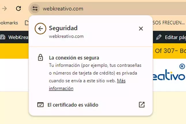 Captura de pantalla que muestra la explicación proporcionada por Google Chrome sobre la garantía de seguridad al visitar un sitio web con certificado SSL, enfatizando la protección ofrecida al usuario durante la navegación.