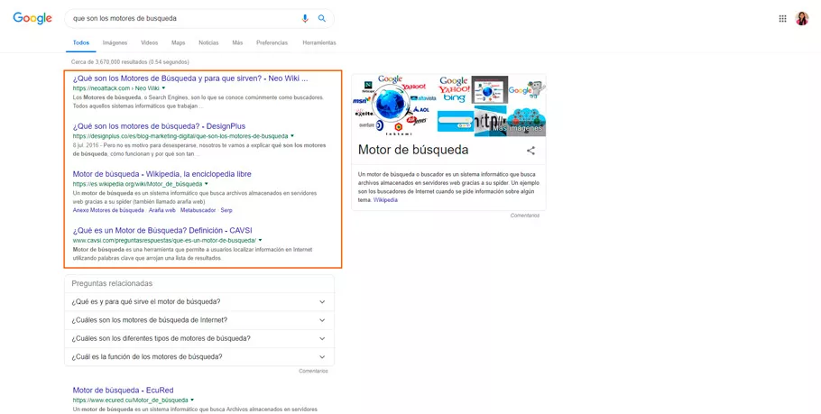 Resultado de la búsqueda: Que son los motores de búsqueda realizada en Google