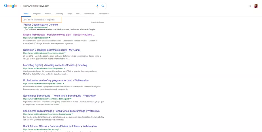Resultado de la búsqueda: site:webkreativo.es realizada en Google