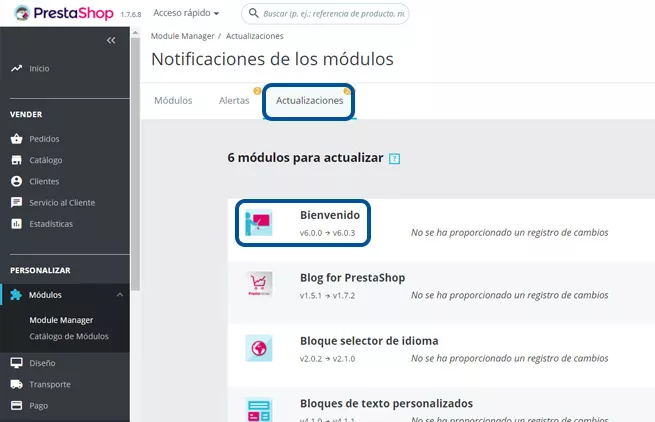 Imagen del administrador de modulos nativos en Prestashop 1.7