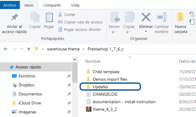 Imagen de los Archivos Actualización para tema Warehouse para versión 1.7.6 de PrestaShop