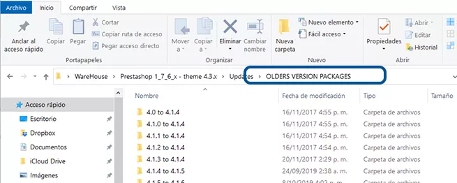 Imagen de los Archivos de Versiones Anteriores del Tema Warehouse para PrestaShop versión 1.7