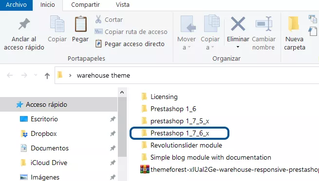 Imagen de los Archivos del tema Warehouse para Versión 1.7.6 de PrestaShop