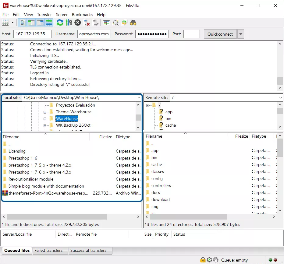 Imagen de los directorios de nuestro PC en FileZilla
