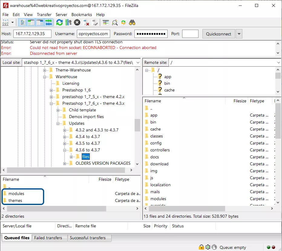 Imagen de Directorios del tema Warehouse 4.3.6 de nuestro PC en FileZilla