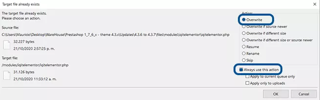 Imagen de Sobreescribir directorios del tema Warehouse 4.3 de nuestro PC en FileZilla