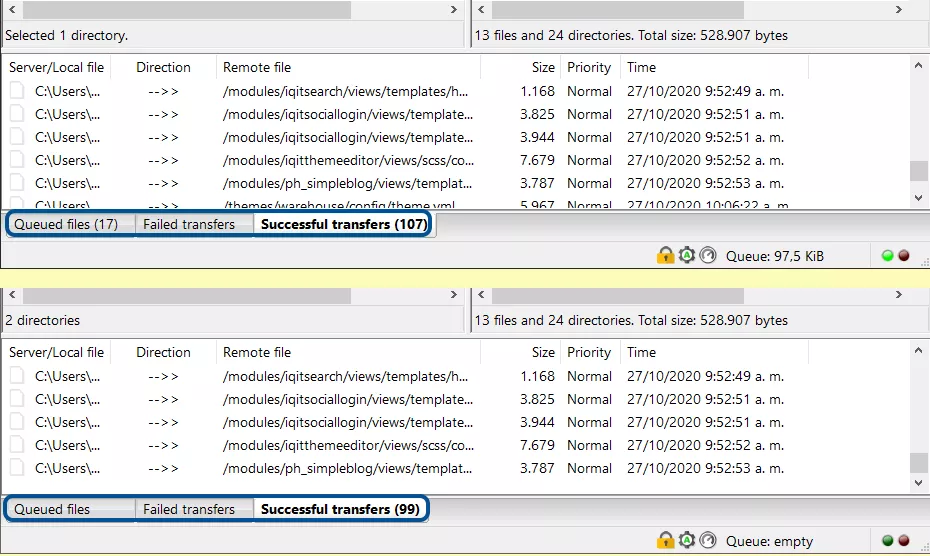 Imagen de Transferencia de Directorios del Tema Warehouse 4.3 de nuestro PC en FileZilla