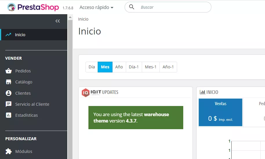 Imagen del Backoffice de PrestaShop que muestra la versión activa del software
