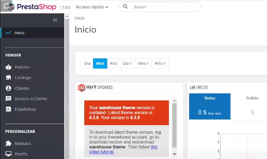 Imagen de Backoffice de Prestashop con detalle de la versión del Tema Warehouse que requiere actualización