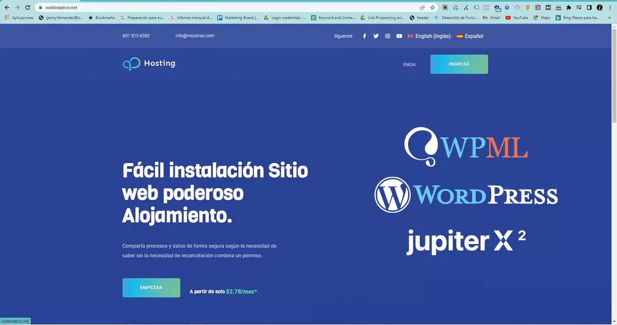Imagen que muestra la página de inicio de un demo para ilustrar un proceso de traducción del encabezado y pie de pagina en Wordpress usando WPML.