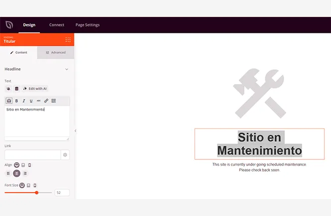 Imagen que muestra el Maquetador del plugin SeedProd para crear página de "Mantenimiento del sitio web" para WordPress.